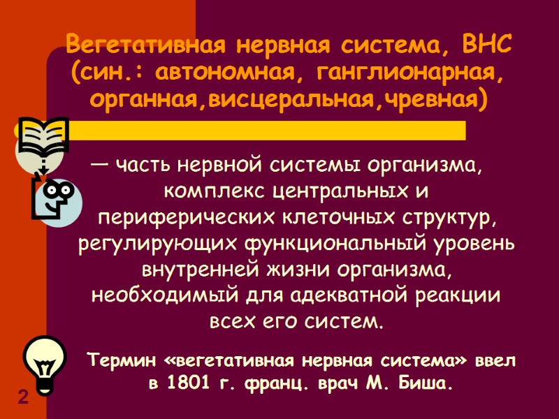 2 Вегетативная нервная система, ВНС (син.: автономная, ганглионарная, органная,висцеральная,чревная) — часть нервной системы организма, 2 Вегетативная нервная система, ВНС (син.: автономная, ганглионарная, органная,висцеральная,чревная) — часть нервной системы организма,